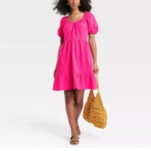 hot pink puff sleeve babydoll dress